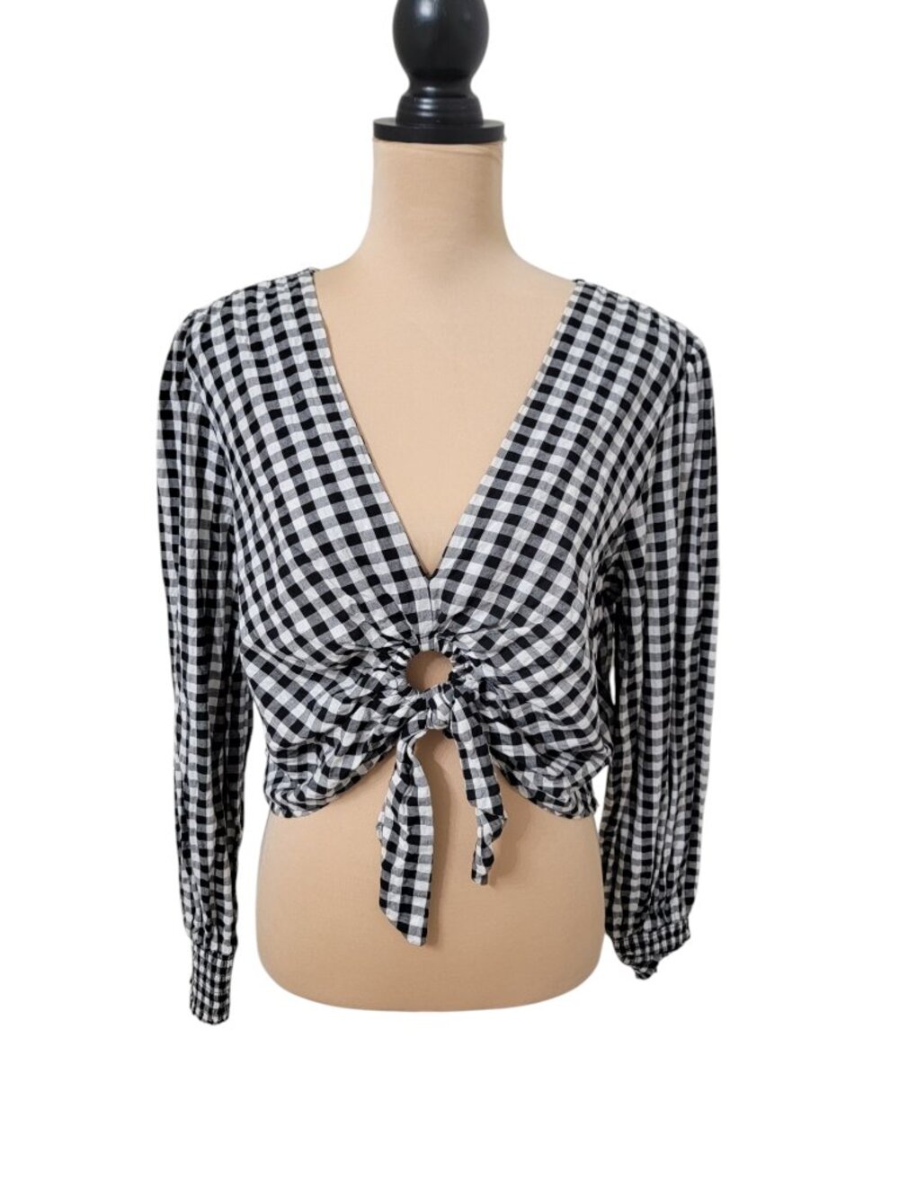 SO Size XL Black & White Gingham Checkered Keyhole Tie Front Cropped Blouse